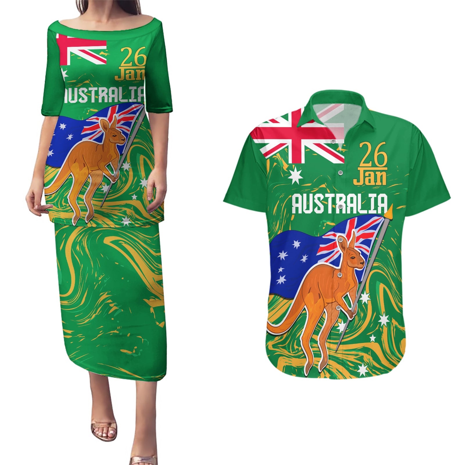 Proud To Be Australia Day Couples Matching Puletasi and Hawaiian Shirt Kangaroo with National Color