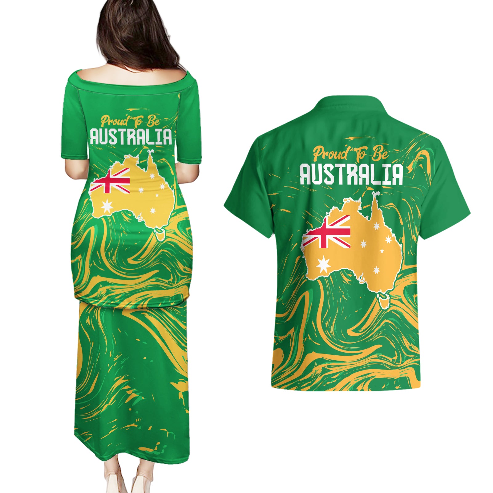 Proud To Be Australia Day Couples Matching Puletasi and Hawaiian Shirt Kangaroo with National Color