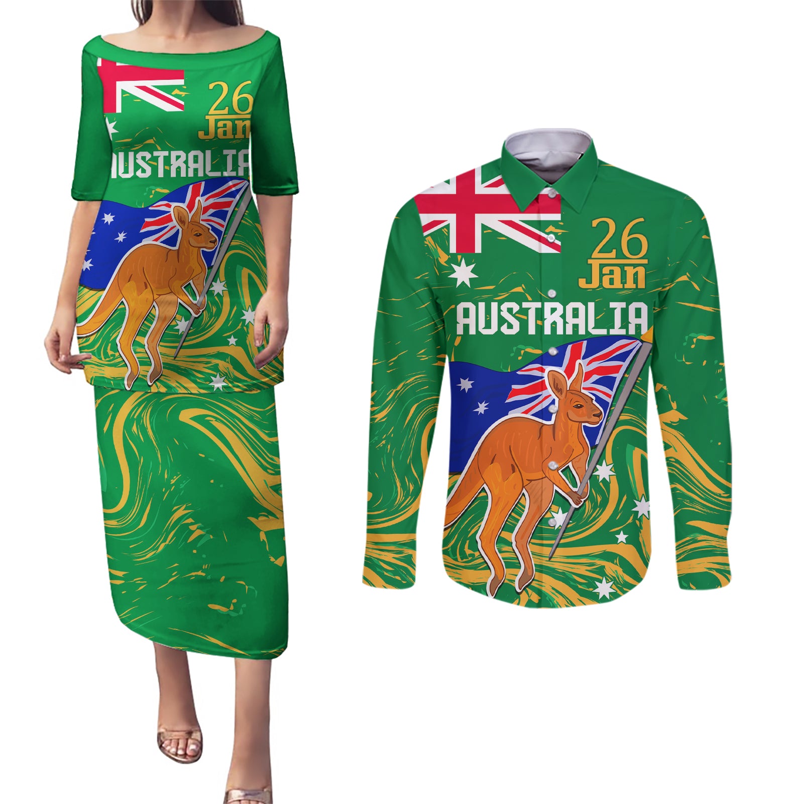 Proud To Be Australia Day Couples Matching Puletasi and Long Sleeve Button Shirt Kangaroo with National Color