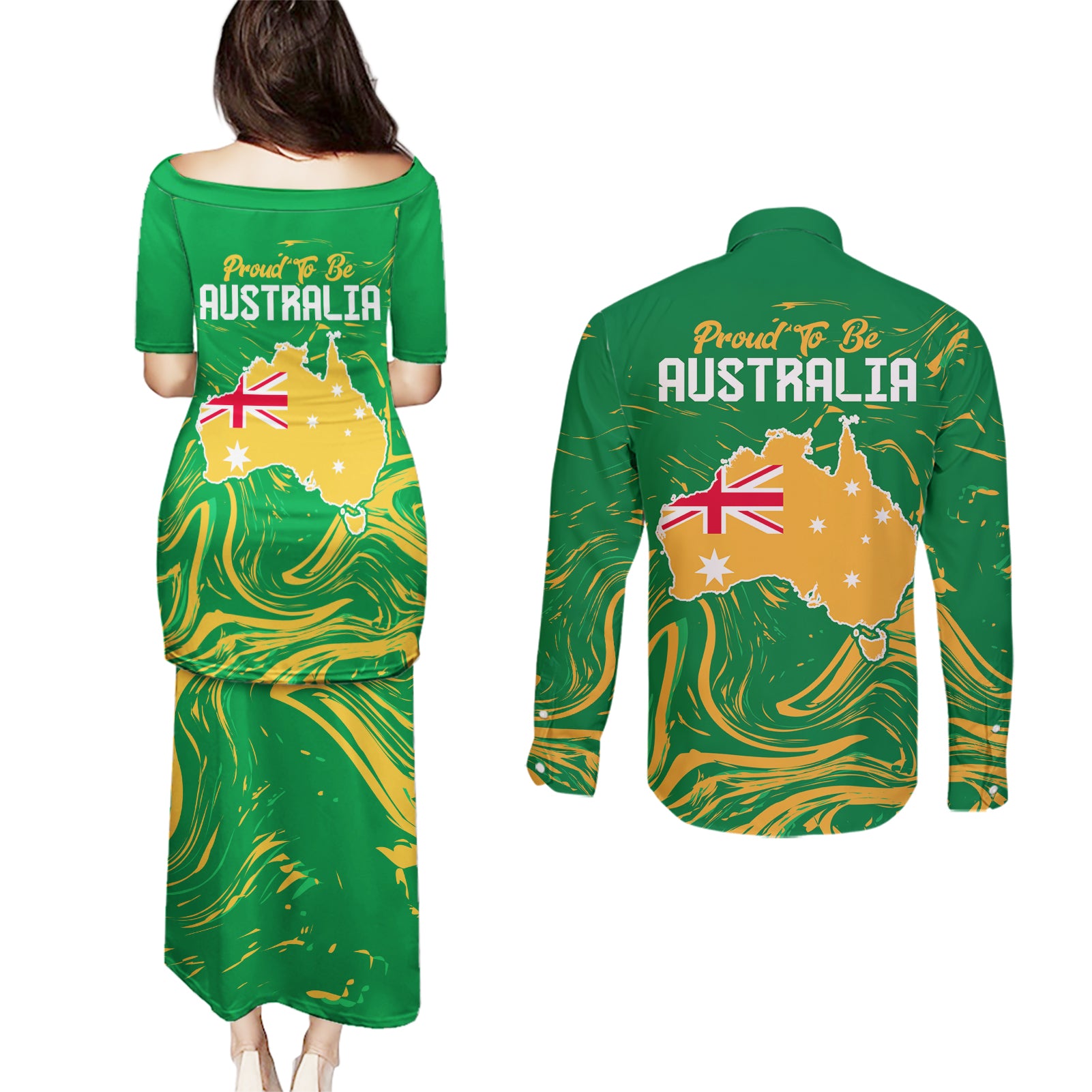 Proud To Be Australia Day Couples Matching Puletasi and Long Sleeve Button Shirt Kangaroo with National Color