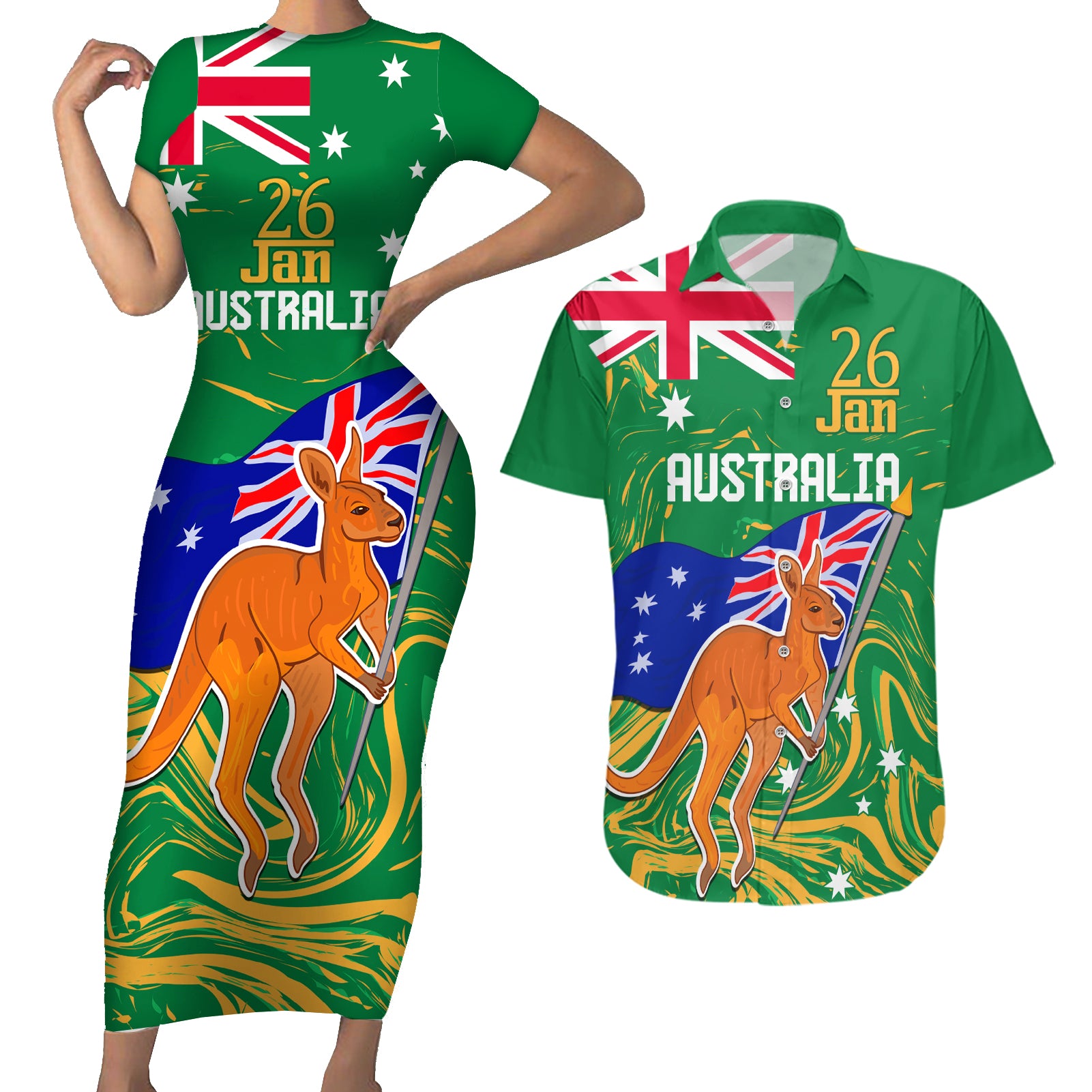 Proud To Be Australia Day Couples Matching Short Sleeve Bodycon Dress and Hawaiian Shirt Kangaroo with National Color