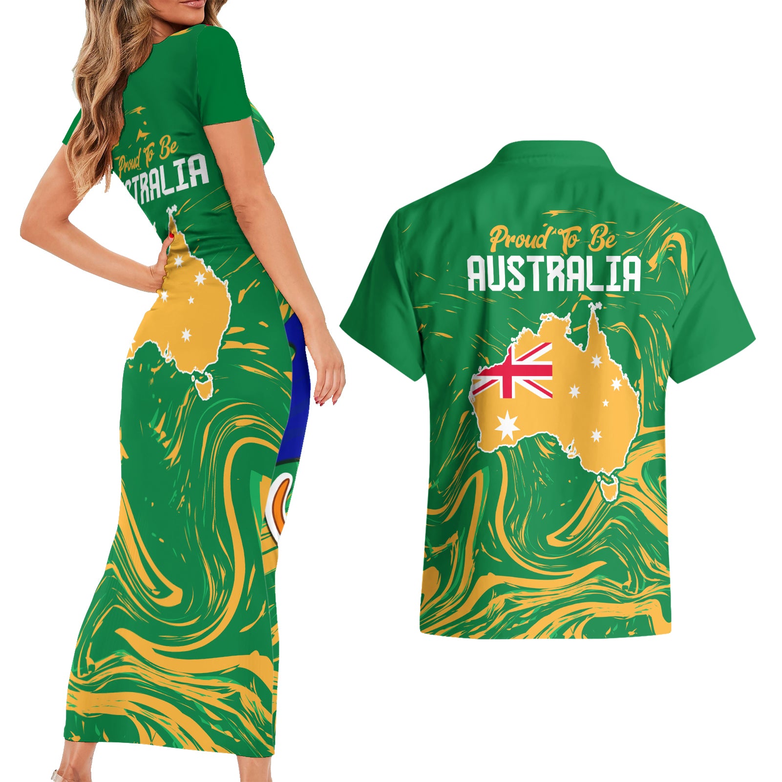 Proud To Be Australia Day Couples Matching Short Sleeve Bodycon Dress and Hawaiian Shirt Kangaroo with National Color