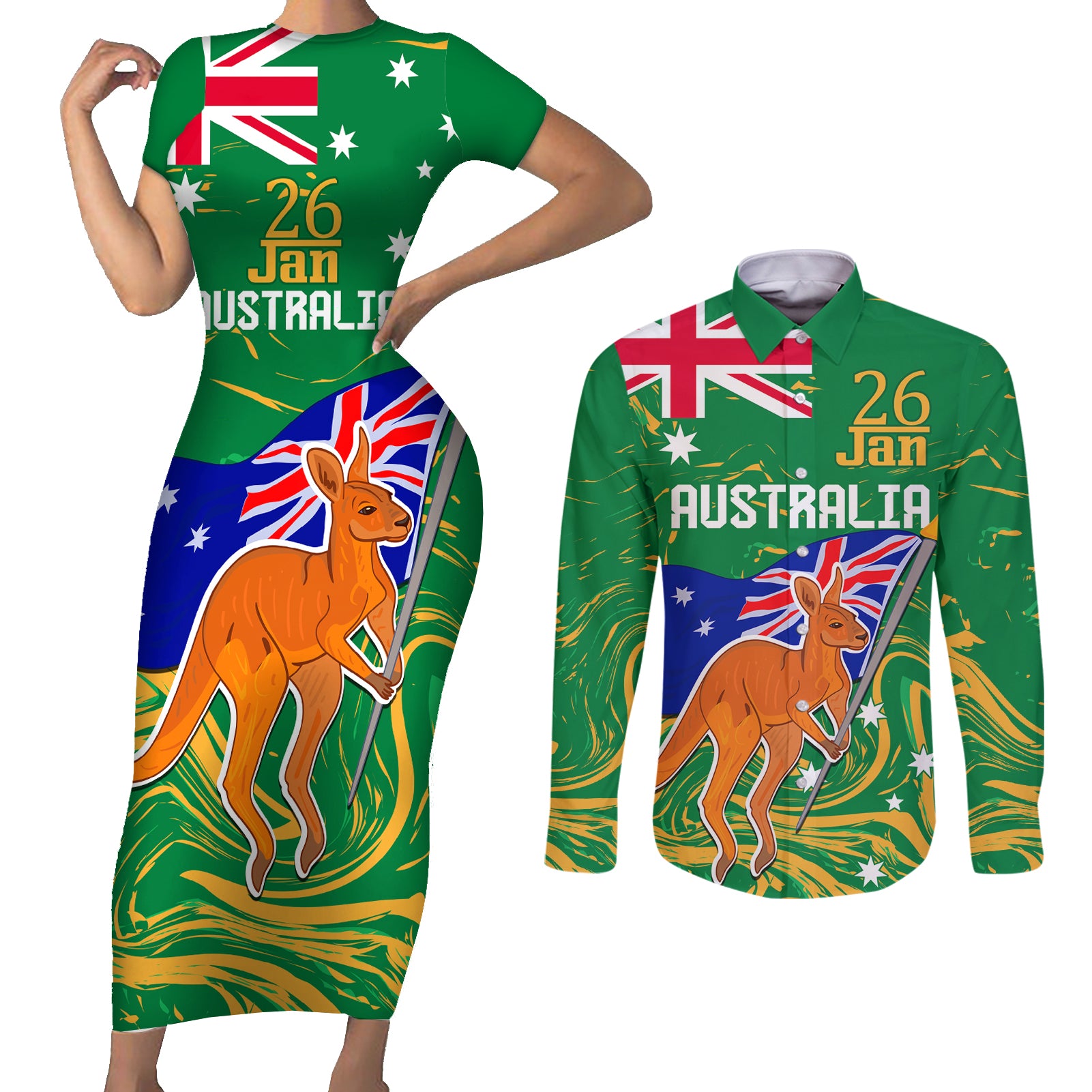 Proud To Be Australia Day Couples Matching Short Sleeve Bodycon Dress and Long Sleeve Button Shirt Kangaroo with National Color