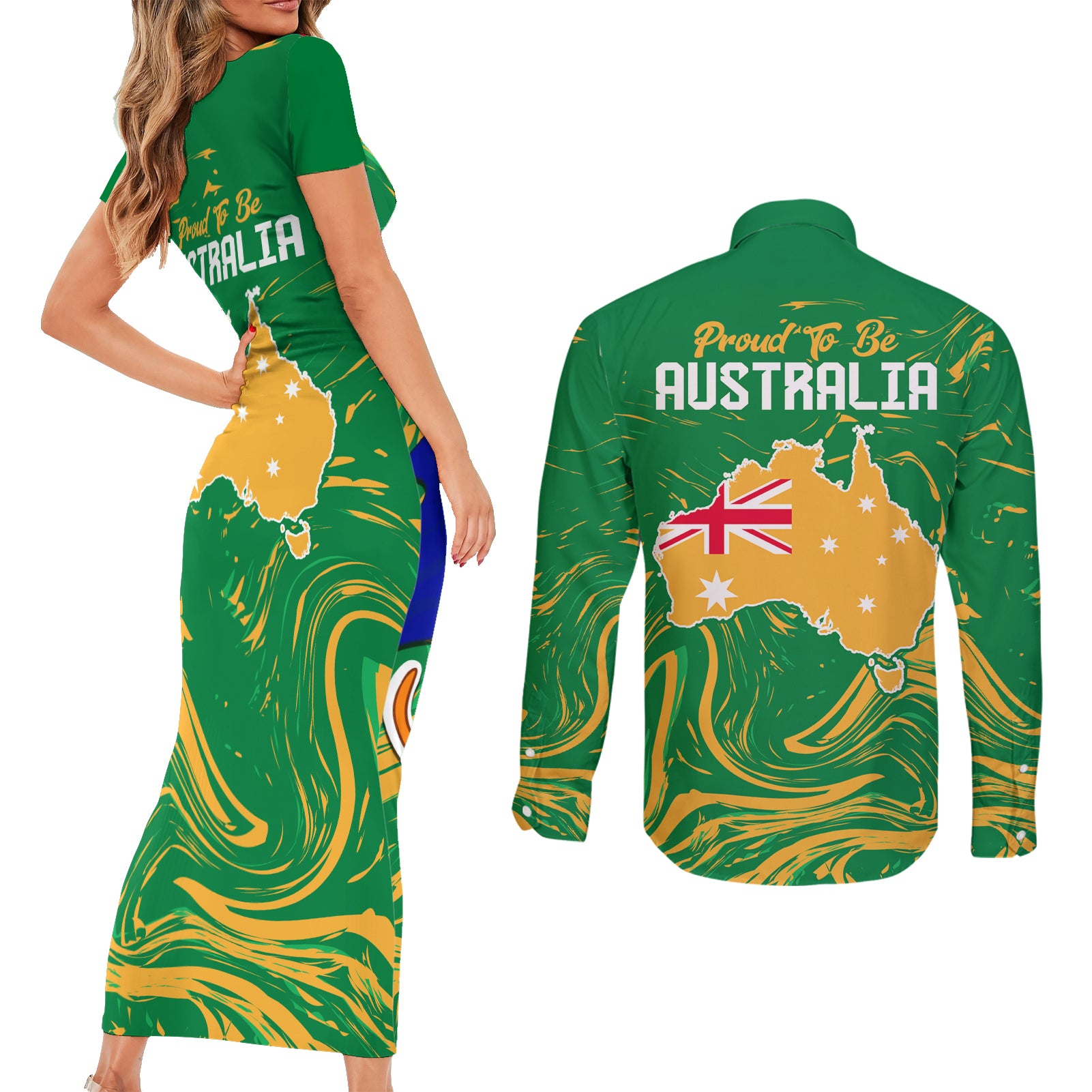 Proud To Be Australia Day Couples Matching Short Sleeve Bodycon Dress and Long Sleeve Button Shirt Kangaroo with National Color