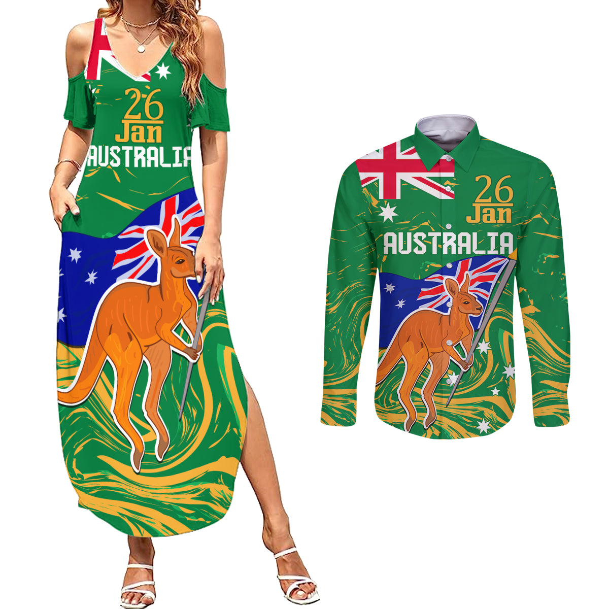 Proud To Be Australia Day Couples Matching Summer Maxi Dress and Long Sleeve Button Shirt Kangaroo with National Color