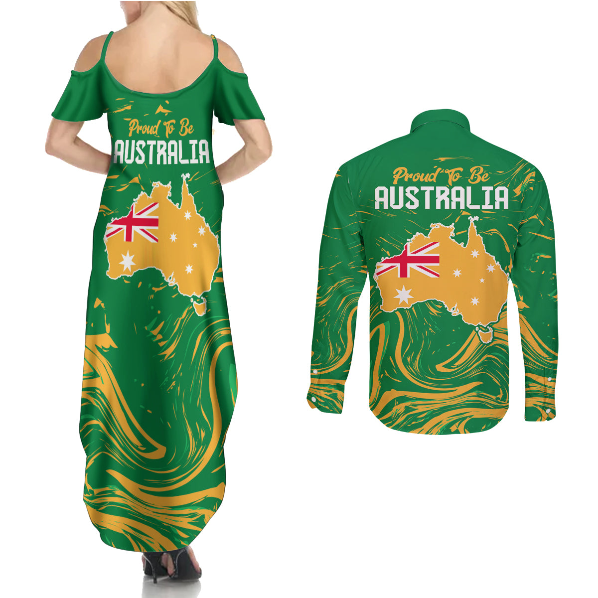 Proud To Be Australia Day Couples Matching Summer Maxi Dress and Long Sleeve Button Shirt Kangaroo with National Color