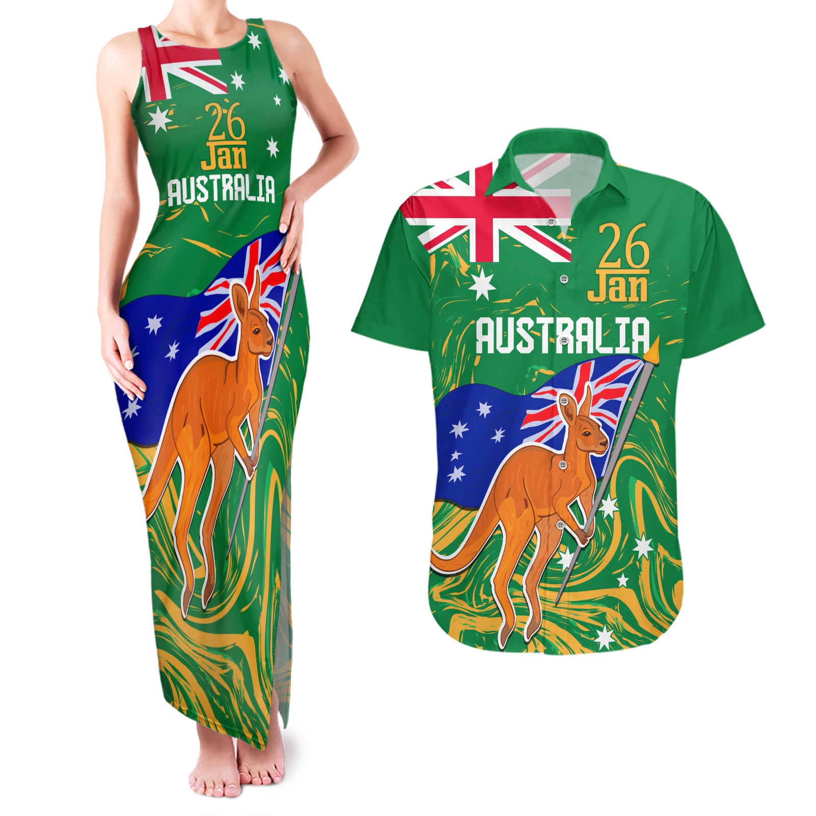 Proud To Be Australia Day Couples Matching Tank Maxi Dress and Hawaiian Shirt Kangaroo with National Color