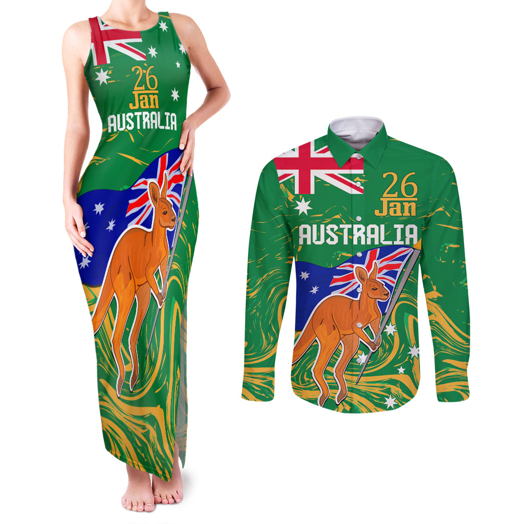 Proud To Be Australia Day Couples Matching Tank Maxi Dress and Long Sleeve Button Shirt Kangaroo with National Color