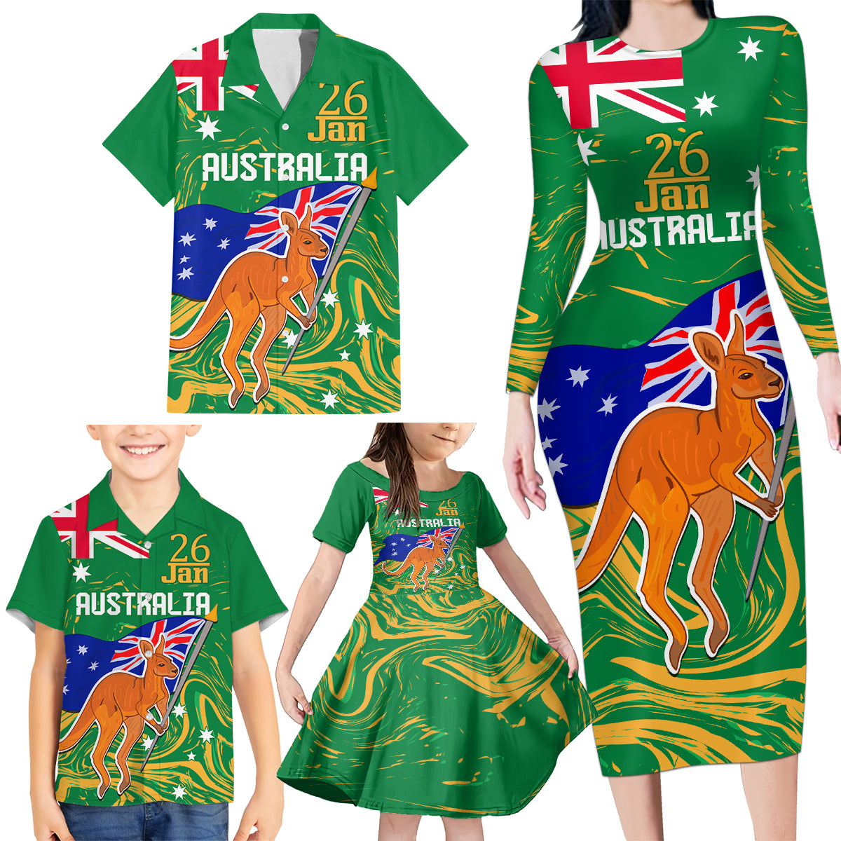 Proud To Be Australia Day Family Matching Long Sleeve Bodycon Dress and Hawaiian Shirt Kangaroo with National Color