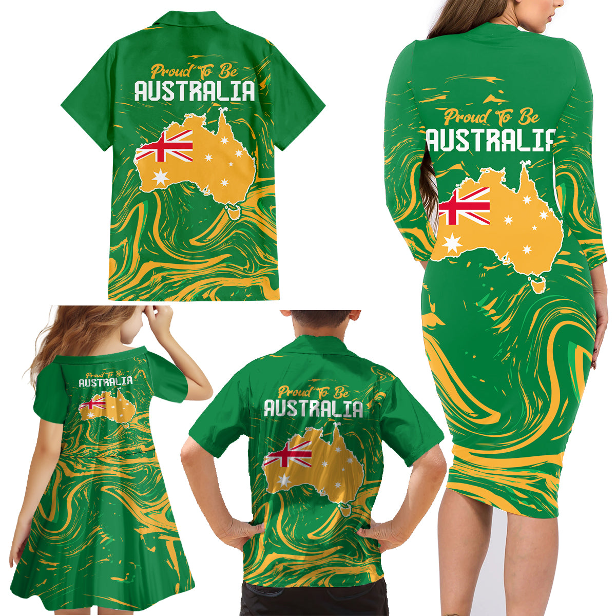 Proud To Be Australia Day Family Matching Long Sleeve Bodycon Dress and Hawaiian Shirt Kangaroo with National Color