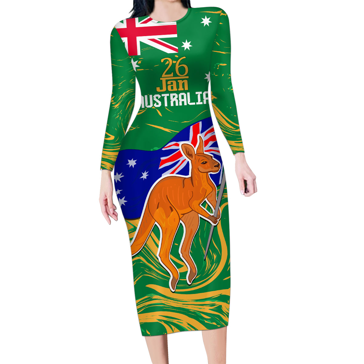 Proud To Be Australia Day Family Matching Long Sleeve Bodycon Dress and Hawaiian Shirt Kangaroo with National Color