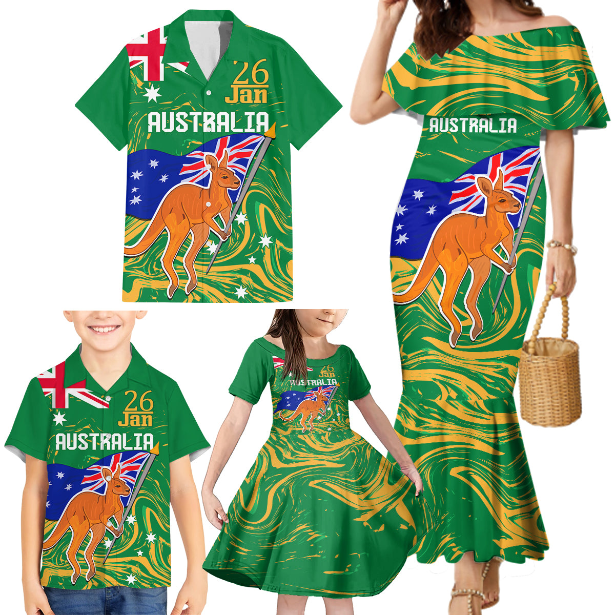 Proud To Be Australia Day Family Matching Mermaid Dress and Hawaiian Shirt Kangaroo with National Color