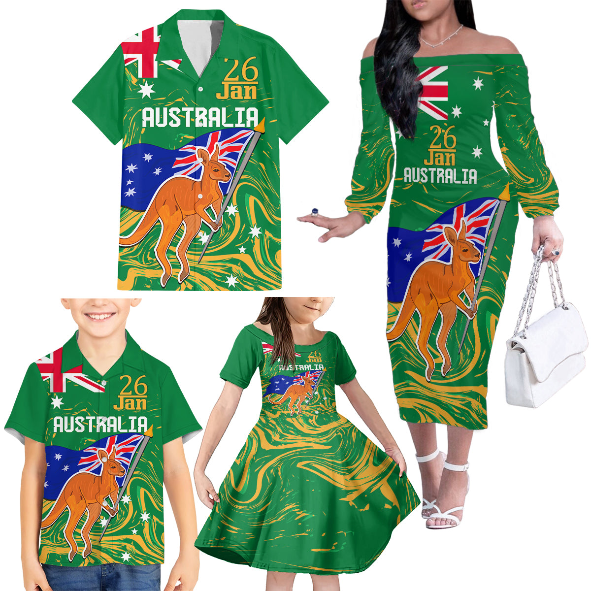 Proud To Be Australia Day Family Matching Off Shoulder Long Sleeve Dress and Hawaiian Shirt Kangaroo with National Color