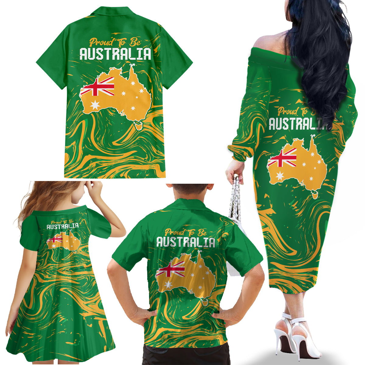 Proud To Be Australia Day Family Matching Off Shoulder Long Sleeve Dress and Hawaiian Shirt Kangaroo with National Color