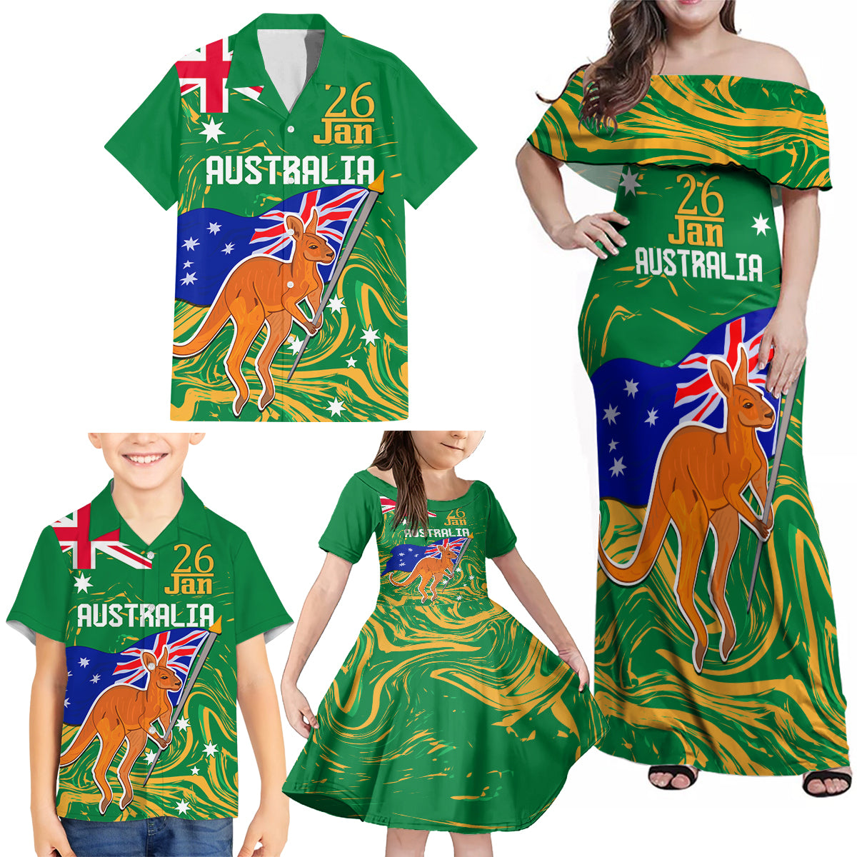 Proud To Be Australia Day Family Matching Off Shoulder Maxi Dress and Hawaiian Shirt Kangaroo with National Color