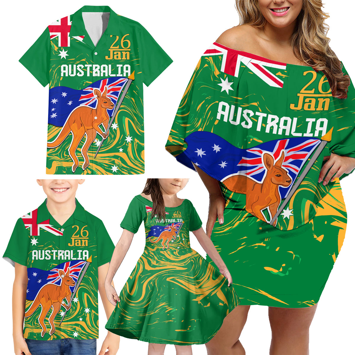 Proud To Be Australia Day Family Matching Off Shoulder Short Dress and Hawaiian Shirt Kangaroo with National Color