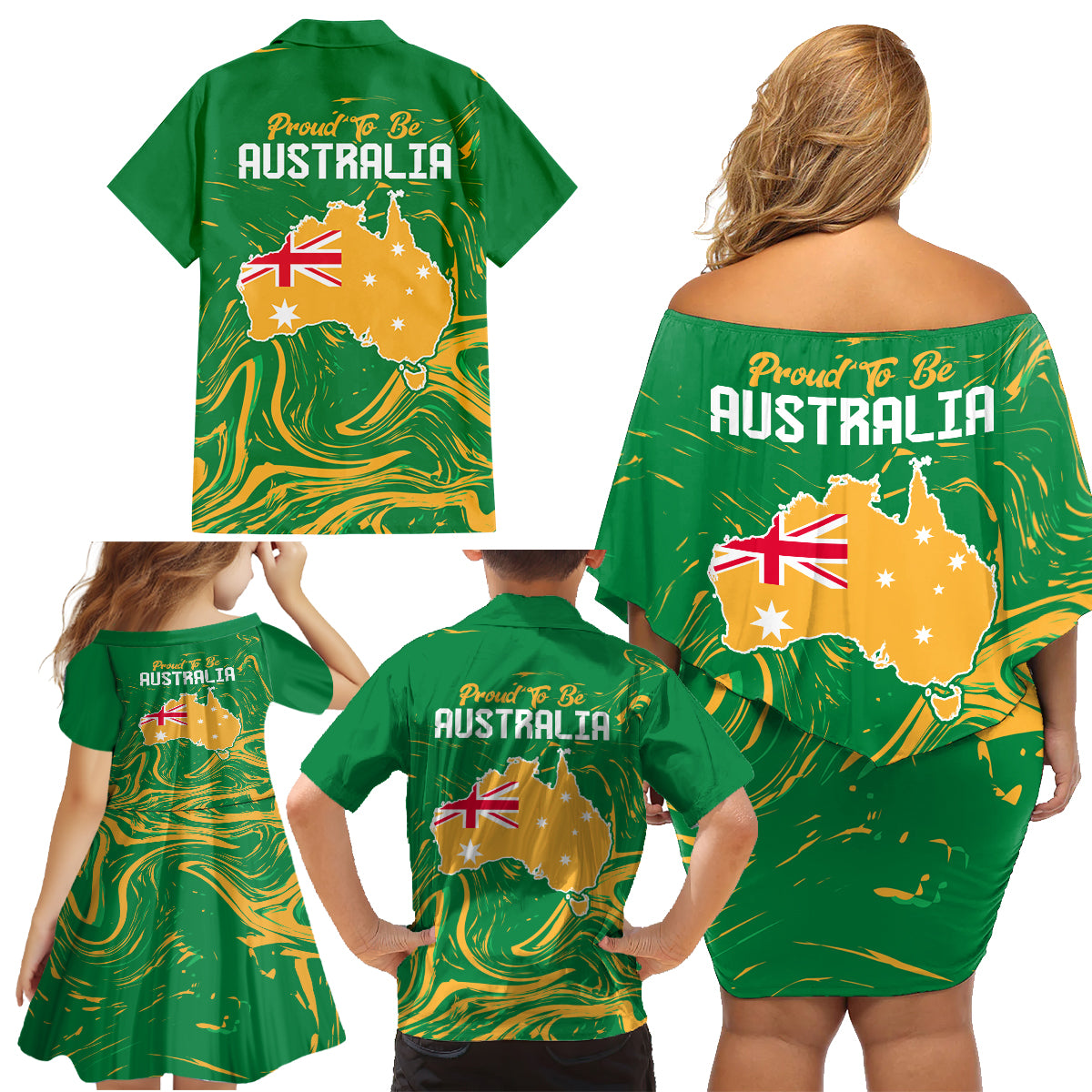 Proud To Be Australia Day Family Matching Off Shoulder Short Dress and Hawaiian Shirt Kangaroo with National Color