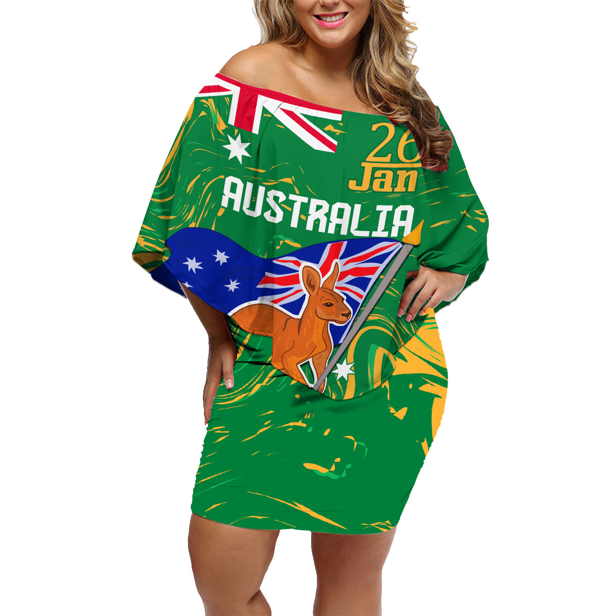 Proud To Be Australia Day Family Matching Off Shoulder Short Dress and Hawaiian Shirt Kangaroo with National Color