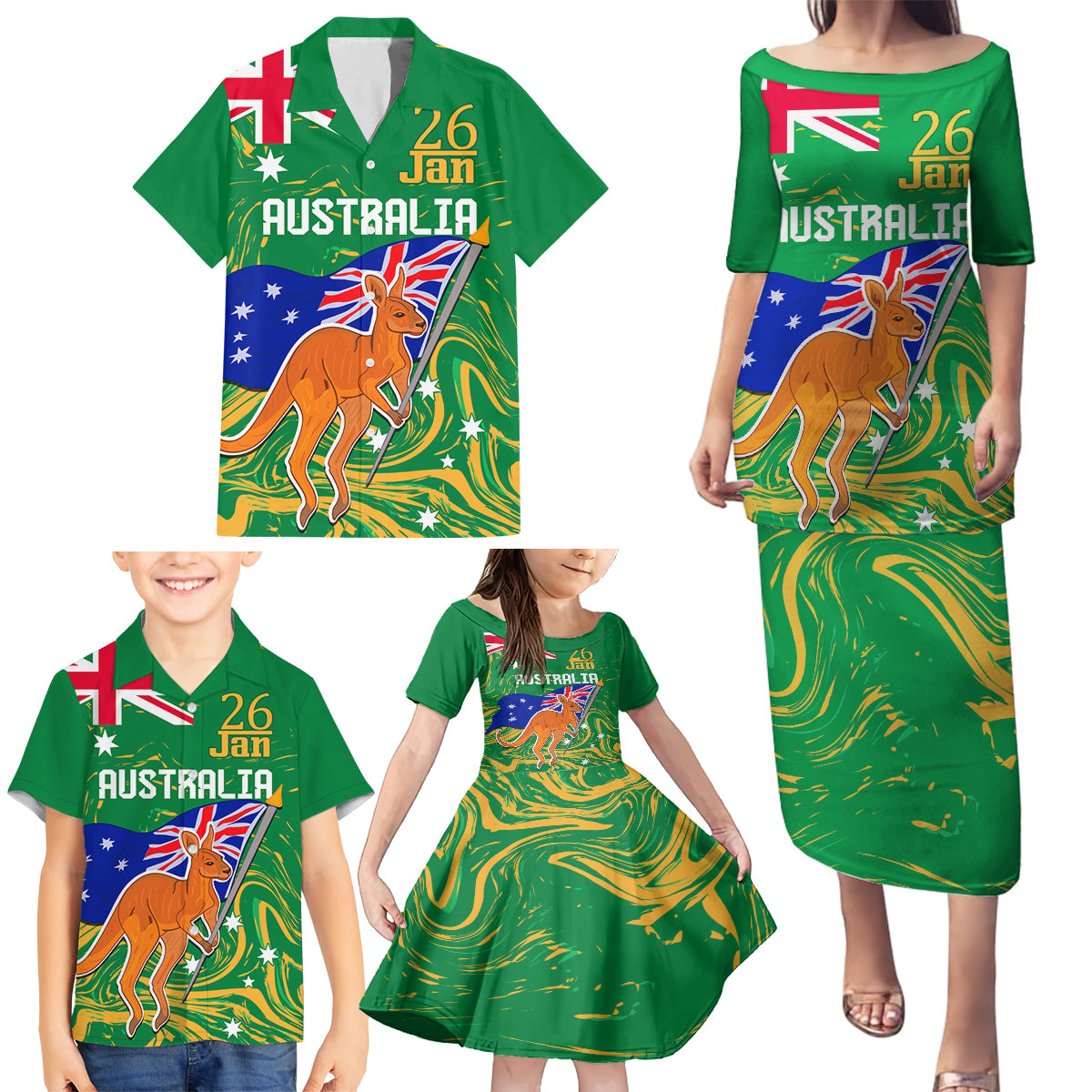 Proud To Be Australia Day Family Matching Puletasi and Hawaiian Shirt Kangaroo with National Color