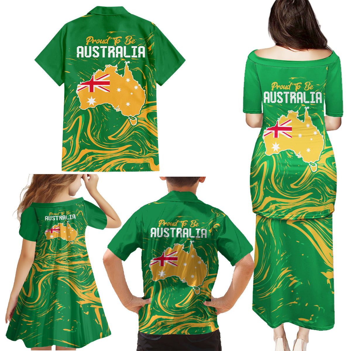 Proud To Be Australia Day Family Matching Puletasi and Hawaiian Shirt Kangaroo with National Color