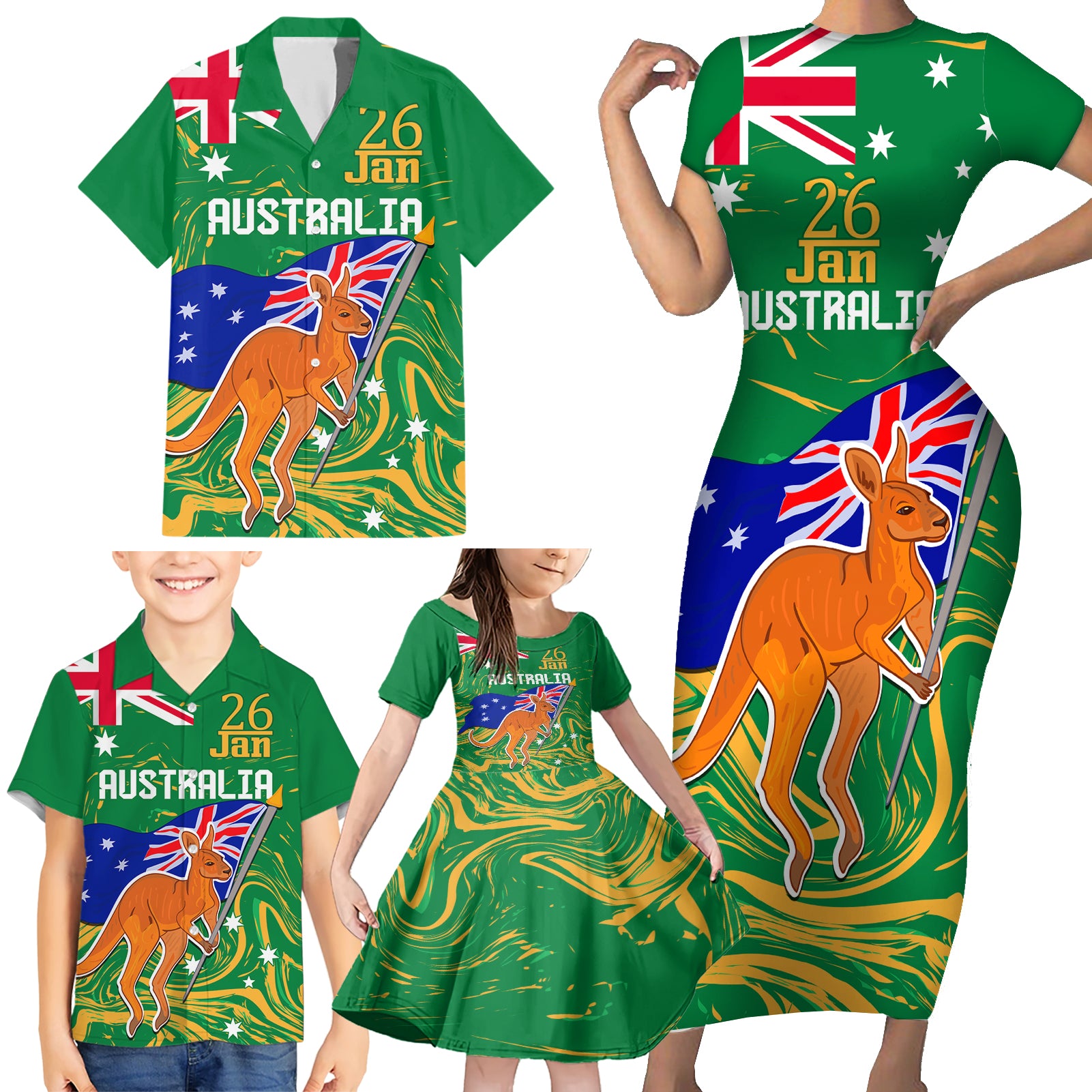 Proud To Be Australia Day Family Matching Short Sleeve Bodycon Dress and Hawaiian Shirt Kangaroo with National Color