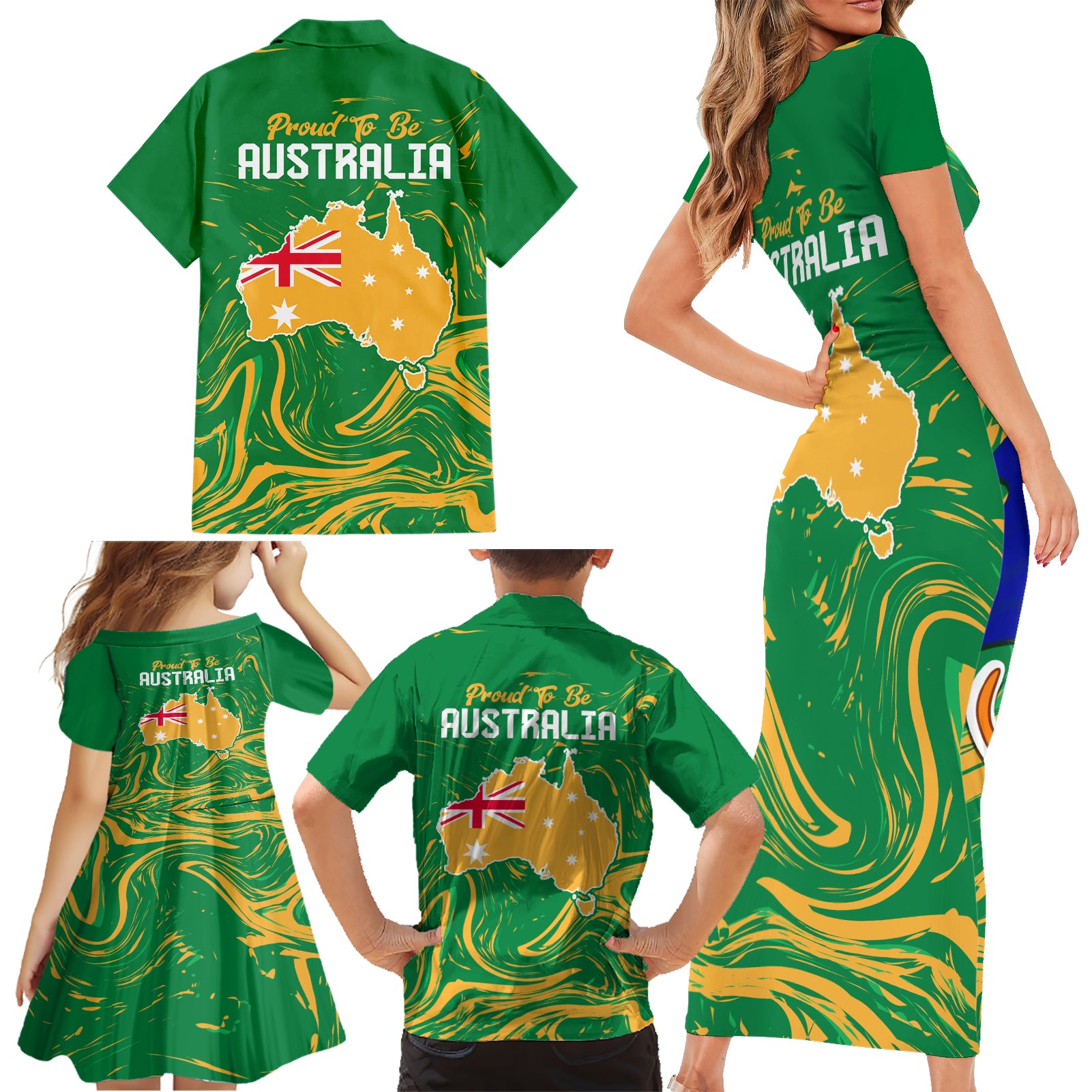 Proud To Be Australia Day Family Matching Short Sleeve Bodycon Dress and Hawaiian Shirt Kangaroo with National Color