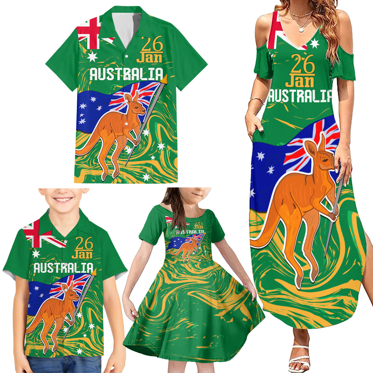 Proud To Be Australia Day Family Matching Summer Maxi Dress and Hawaiian Shirt Kangaroo with National Color