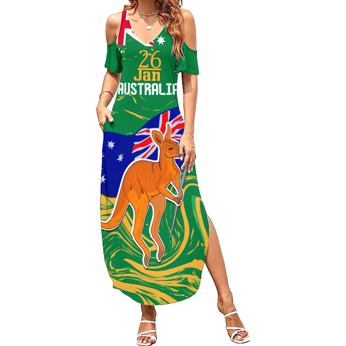 Proud To Be Australia Day Family Matching Summer Maxi Dress and Hawaiian Shirt Kangaroo with National Color