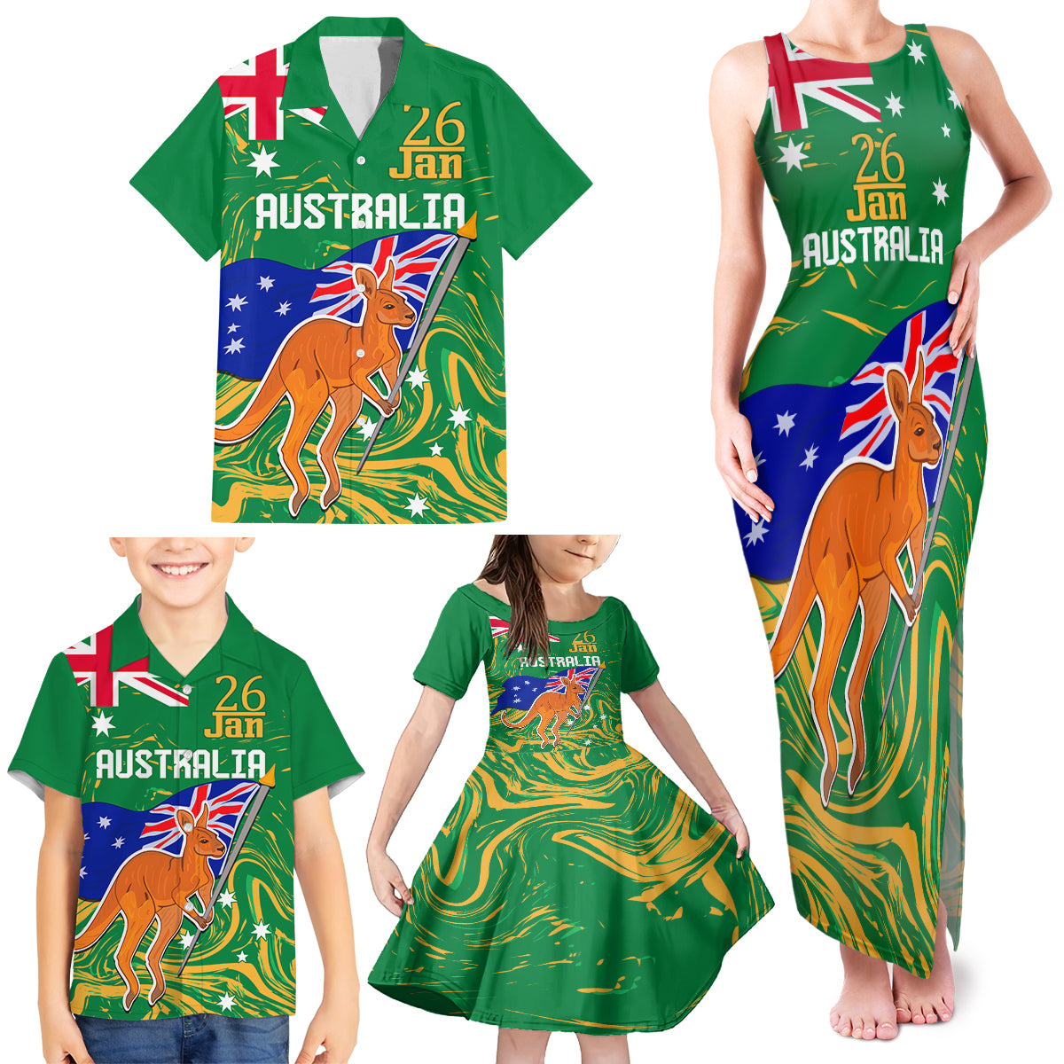 Proud To Be Australia Day Family Matching Tank Maxi Dress and Hawaiian Shirt Kangaroo with National Color