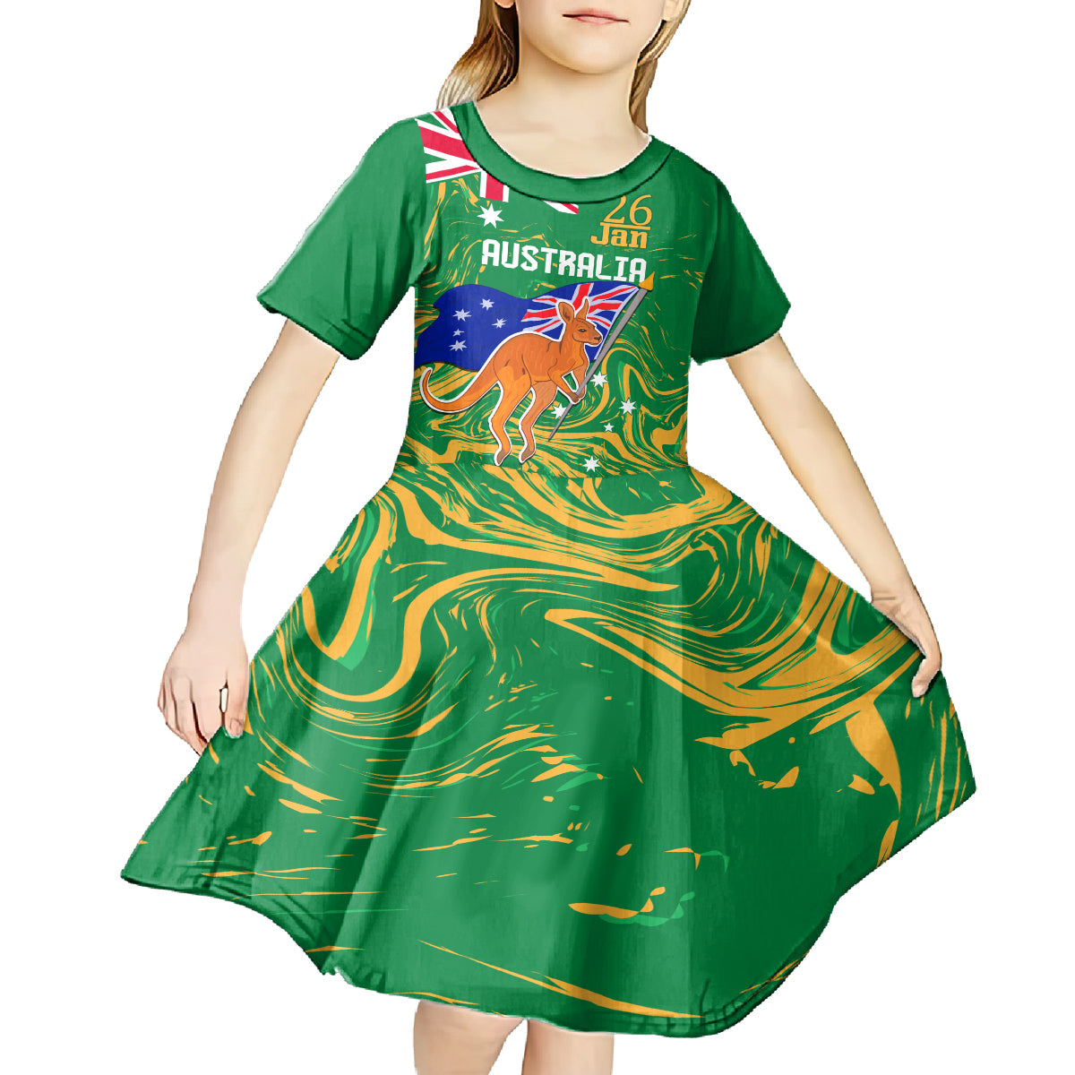 Proud To Be Australia Day Kid Short Sleeve Dress Kangaroo with National Color - Vibe Hoodie Shop