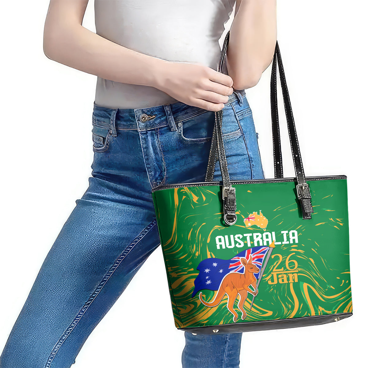 Proud To Be Australia Day Leather Tote Bag Kangaroo with National Color