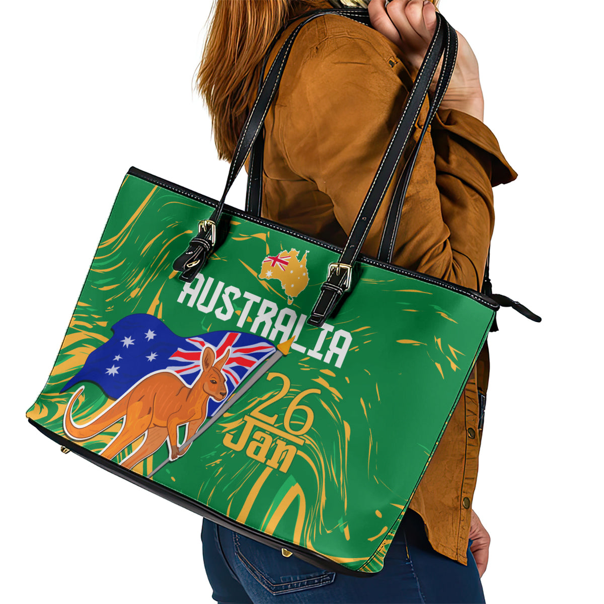 Proud To Be Australia Day Leather Tote Bag Kangaroo with National Color