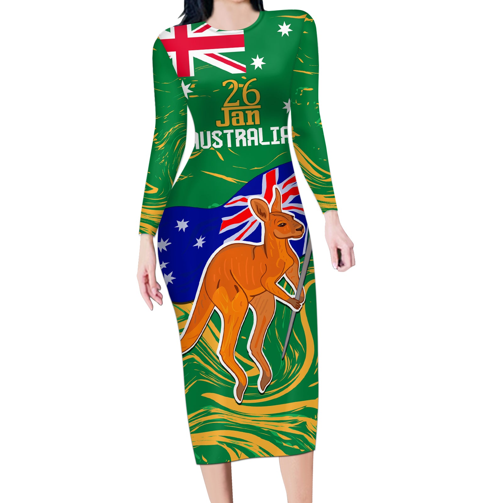 Proud To Be Australia Day Long Sleeve Bodycon Dress Kangaroo with National Color