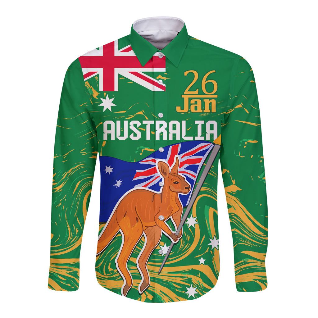 Proud To Be Australia Day Long Sleeve Button Shirt Kangaroo with National Color - Vibe Hoodie Shop