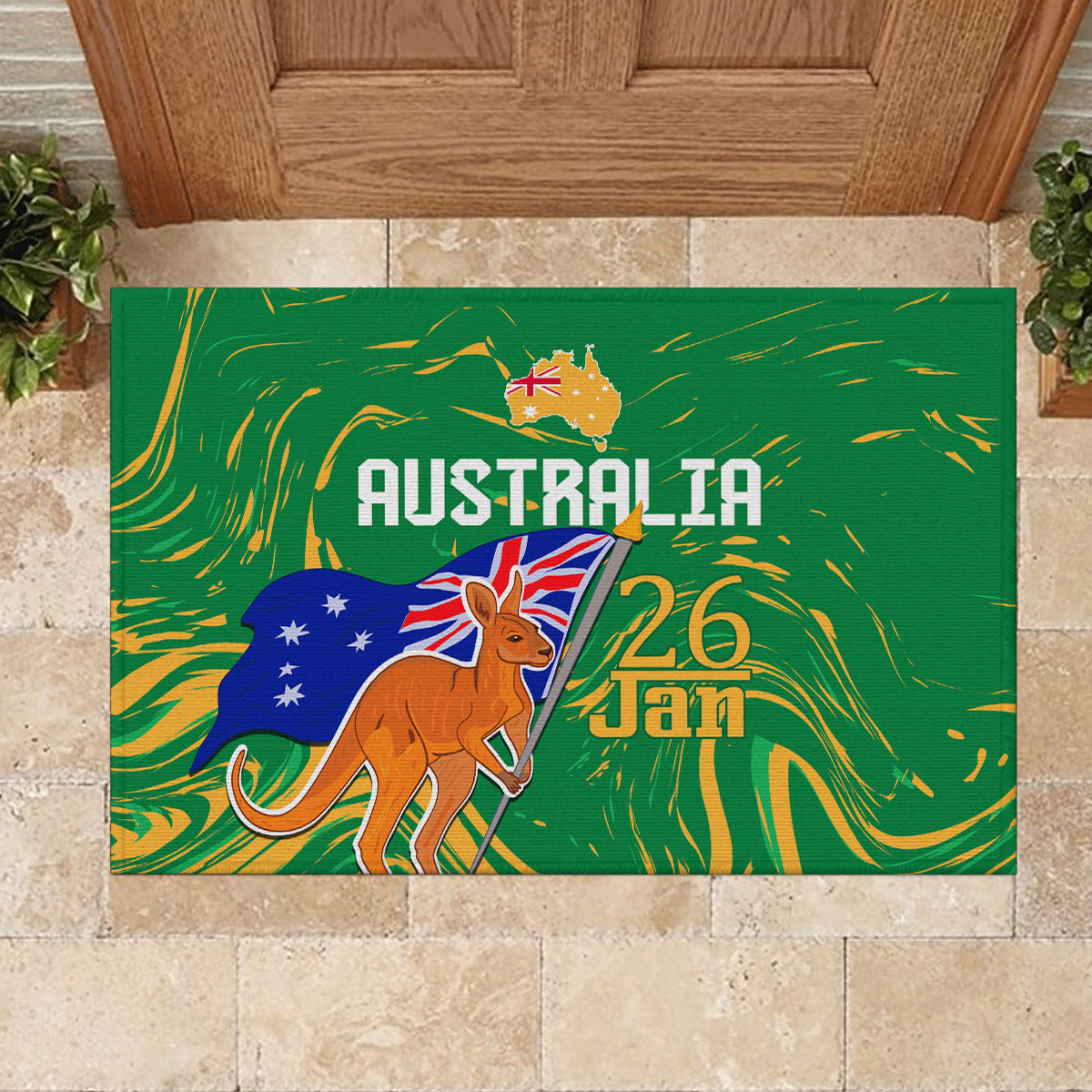 Proud To Be Australia Day Rubber Doormat Kangaroo with National Color