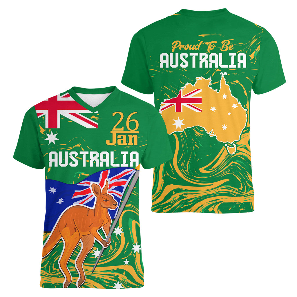 Proud To Be Australia Day Women V Neck T Shirt Kangaroo with National Color - Vibe Hoodie Shop