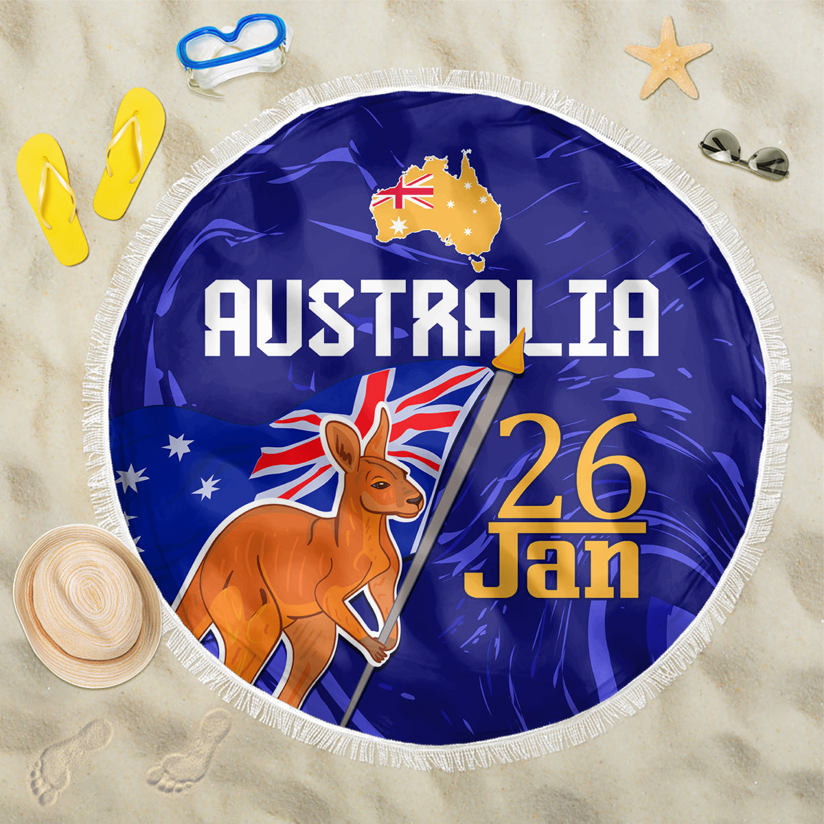 Proud To Be Australia Day Beach Blanket Kangaroo with Flag Color