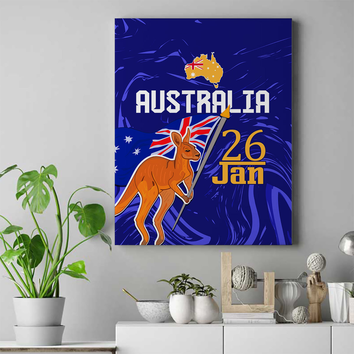 Proud To Be Australia Day Canvas Wall Art Kangaroo with Flag Color