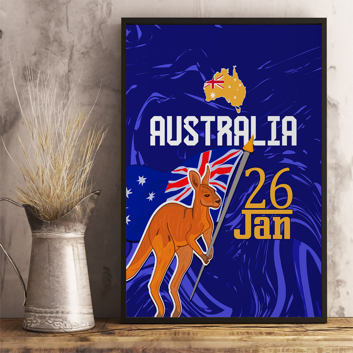 Proud To Be Australia Day Canvas Wall Art Kangaroo with Flag Color