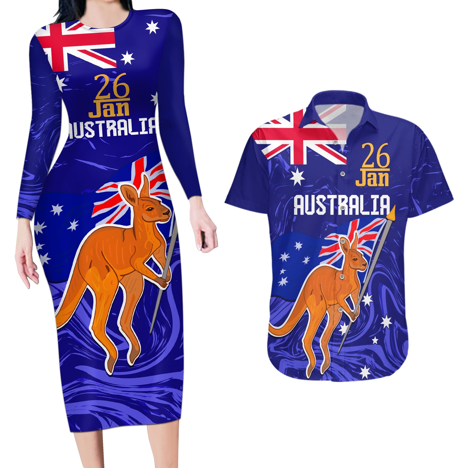 Proud To Be Australia Day Couples Matching Long Sleeve Bodycon Dress and Hawaiian Shirt Kangaroo with Flag Color
