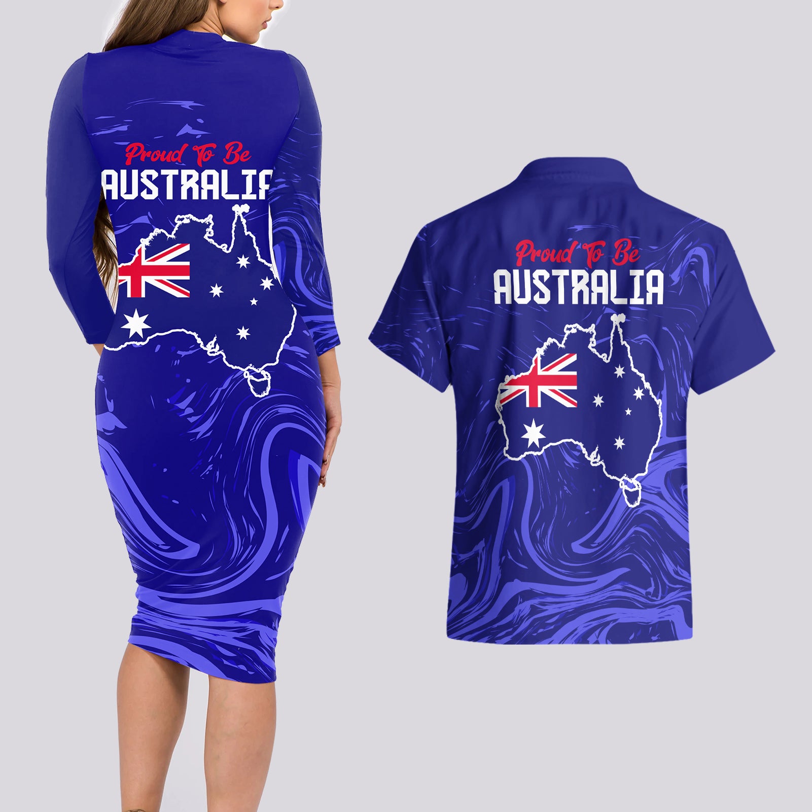 Proud To Be Australia Day Couples Matching Long Sleeve Bodycon Dress and Hawaiian Shirt Kangaroo with Flag Color