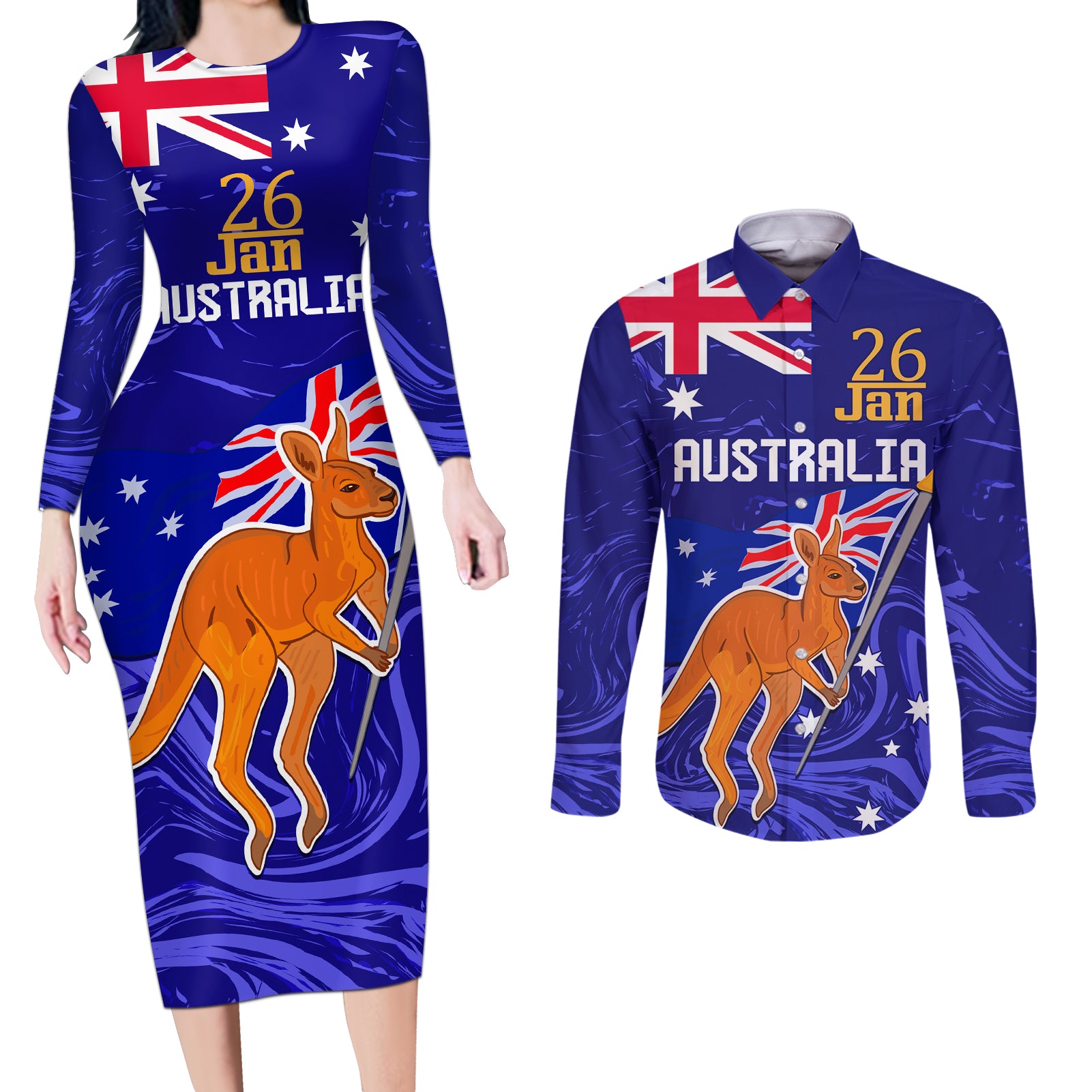 Proud To Be Australia Day Couples Matching Long Sleeve Bodycon Dress and Long Sleeve Button Shirt Kangaroo with Flag Color