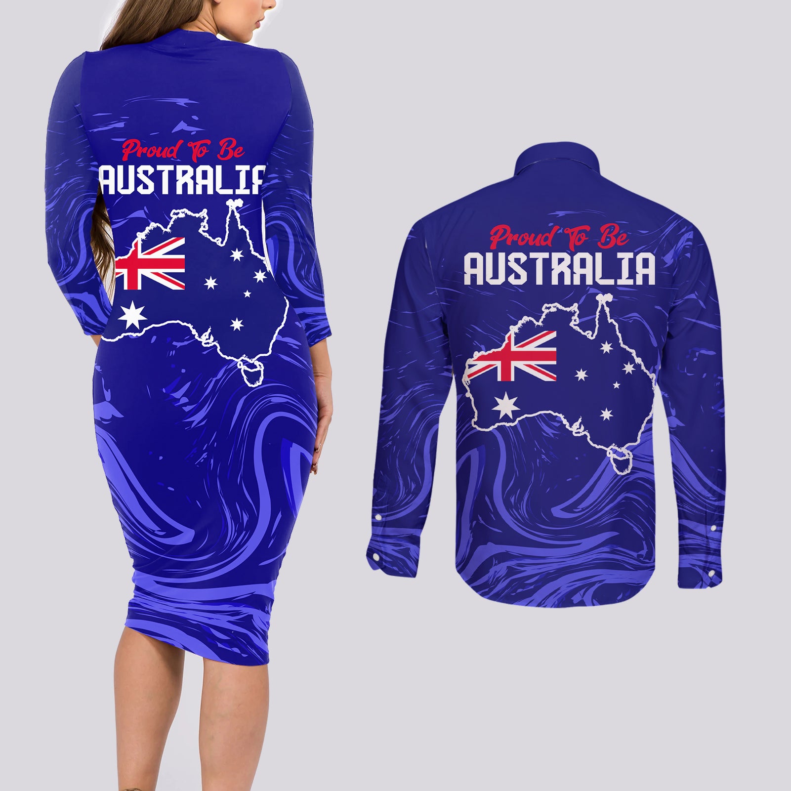 Proud To Be Australia Day Couples Matching Long Sleeve Bodycon Dress and Long Sleeve Button Shirt Kangaroo with Flag Color