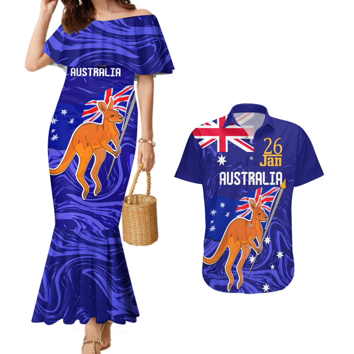 Proud To Be Australia Day Couples Matching Mermaid Dress and Hawaiian Shirt Kangaroo with Flag Color