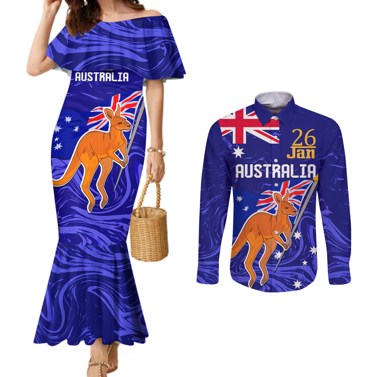 Proud To Be Australia Day Couples Matching Mermaid Dress and Long Sleeve Button Shirt Kangaroo with Flag Color