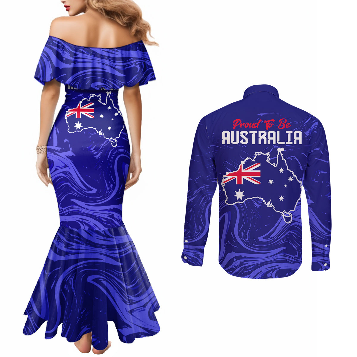 Proud To Be Australia Day Couples Matching Mermaid Dress and Long Sleeve Button Shirt Kangaroo with Flag Color