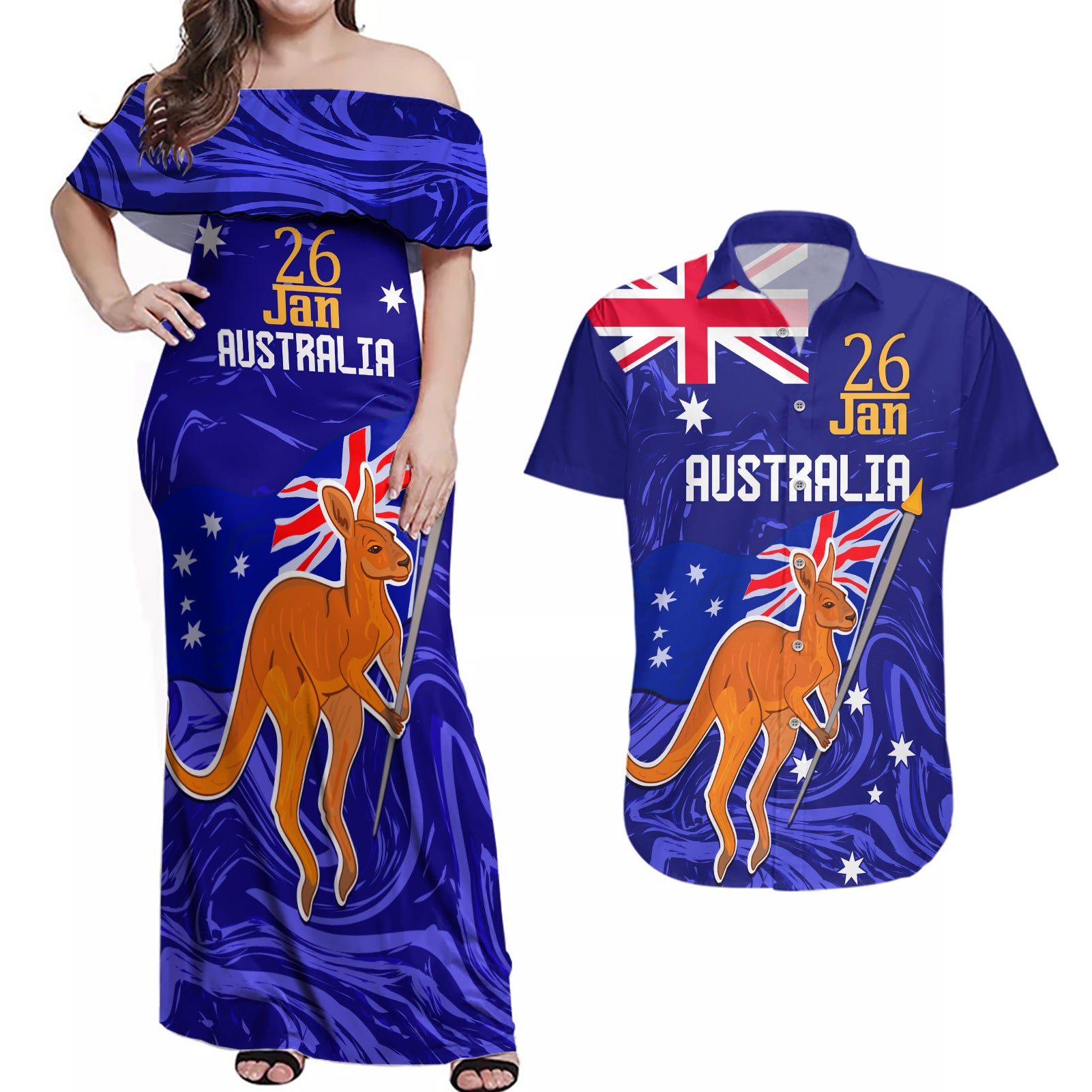 Proud To Be Australia Day Couples Matching Off Shoulder Maxi Dress and Hawaiian Shirt Kangaroo with Flag Color