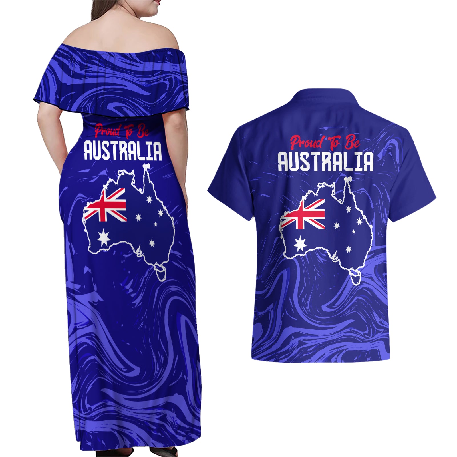 Proud To Be Australia Day Couples Matching Off Shoulder Maxi Dress and Hawaiian Shirt Kangaroo with Flag Color