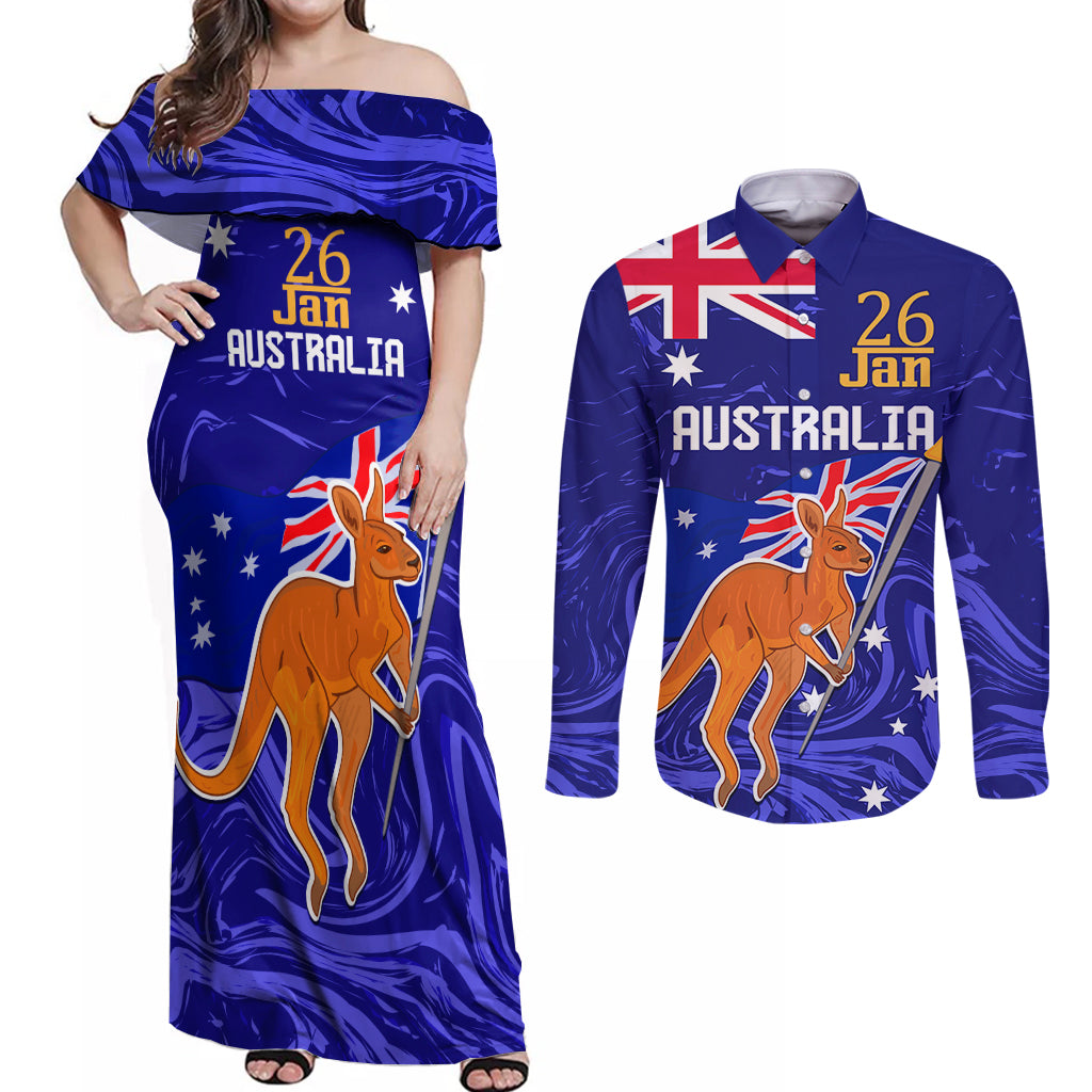 Proud To Be Australia Day Couples Matching Off Shoulder Maxi Dress and Long Sleeve Button Shirt Kangaroo with Flag Color