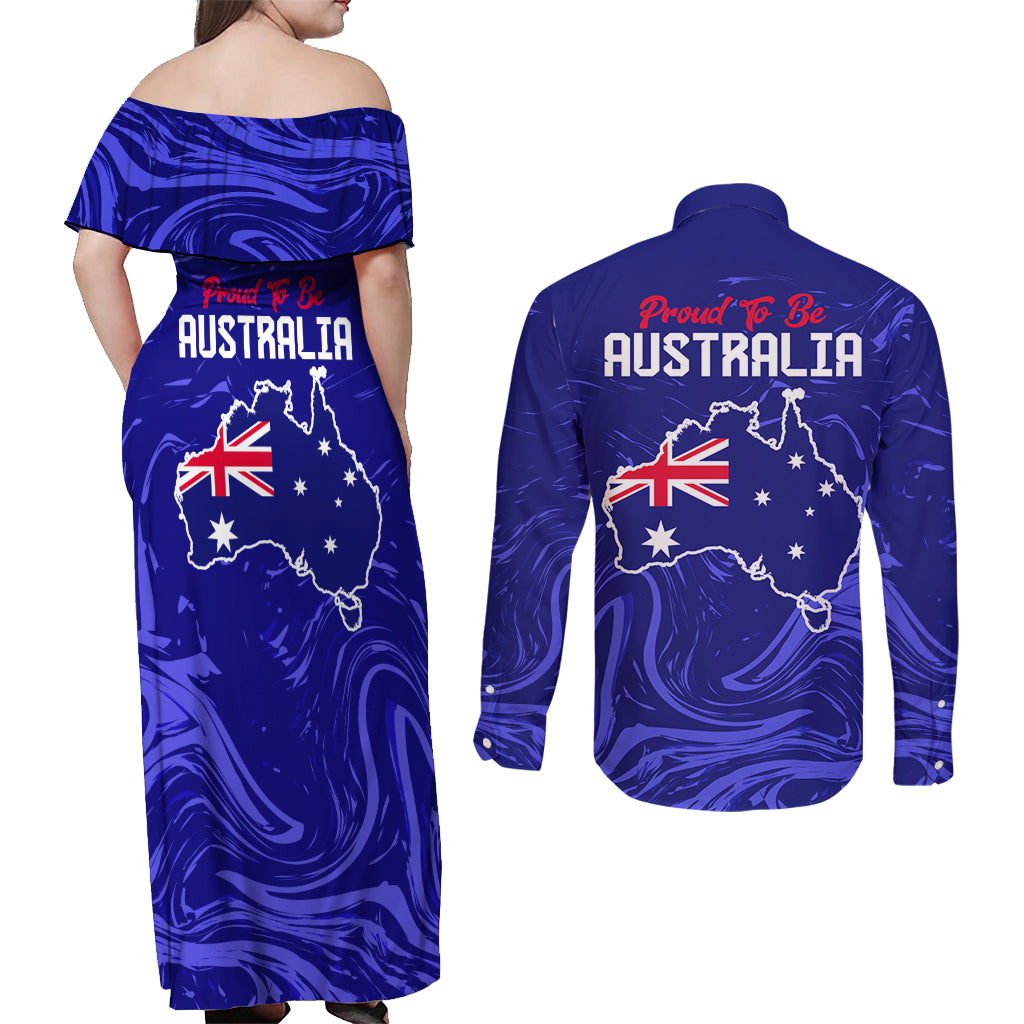 Proud To Be Australia Day Couples Matching Off Shoulder Maxi Dress and Long Sleeve Button Shirt Kangaroo with Flag Color